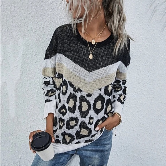 Sweaters - Leopard print color blocked knit fall sweater